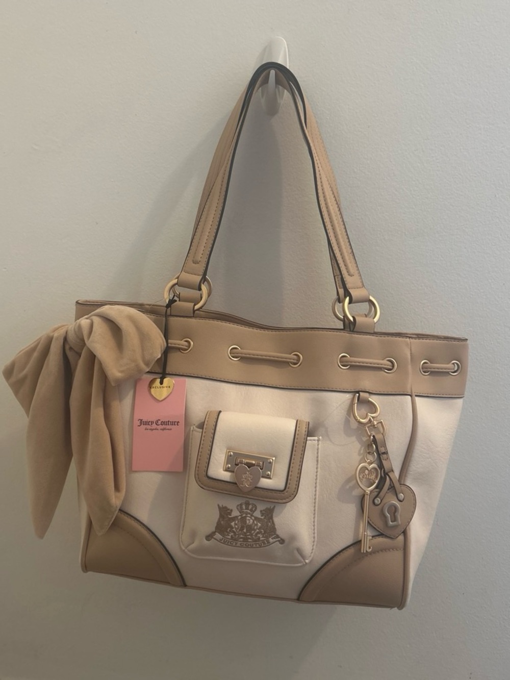Juicy Couture Cream and Tan Tote with Charm and Scarf Accent